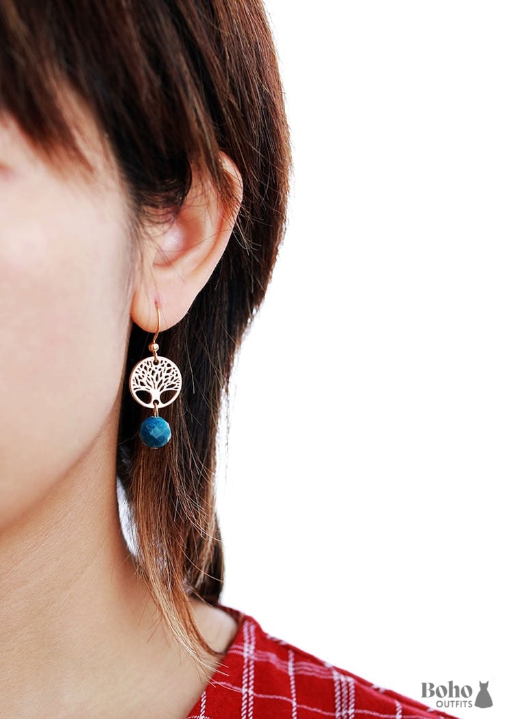 Boho Earrings Dangle Blue Apatite Gold Tree of Life -