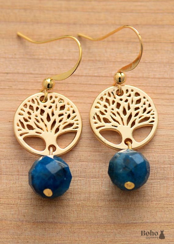 Boho Earrings Dangle Blue Apatite Gold Tree of Life -