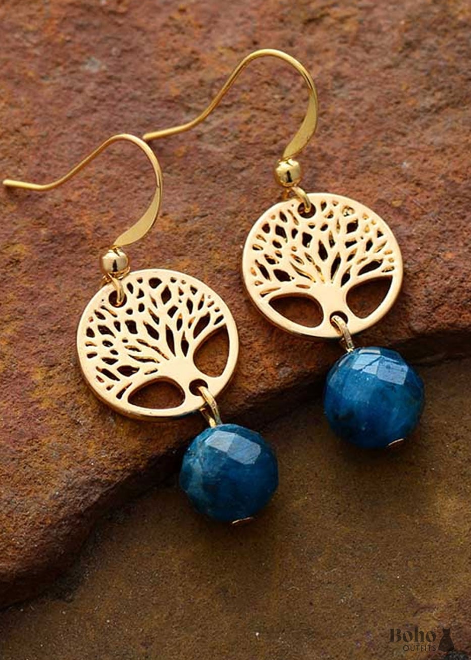 Boho Earrings Dangle Blue Apatite Gold Tree of Life -