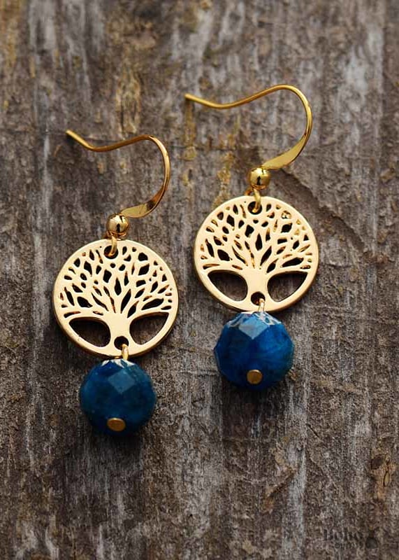 Boho Earrings Dangle Blue Apatite Gold Tree of Life -