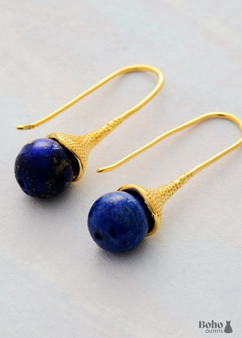 Boho Earrings Dangle Blue Lapis and Tiger Eye - Jewelry