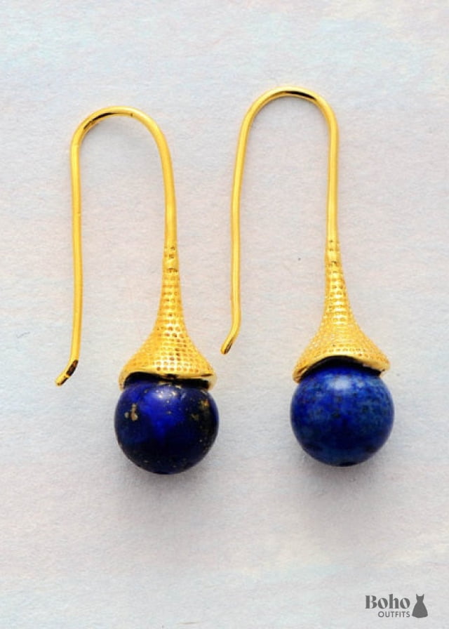 Boho Earrings Dangle Blue Lapis and Tiger Eye - Lazuli