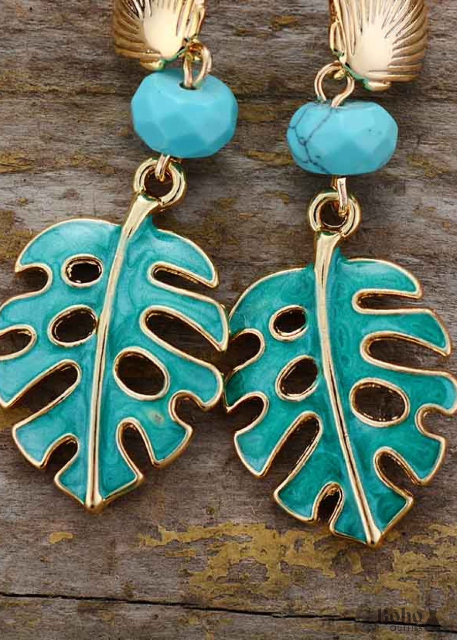 Boho Earrings Dangle Blue Turquoise Leaf - Jewelry