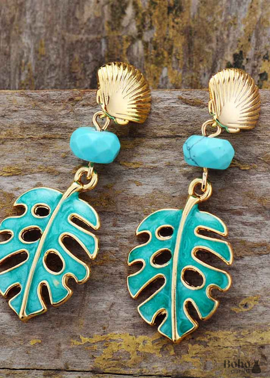 Boho Earrings Dangle Blue Turquoise Leaf - Jewelry