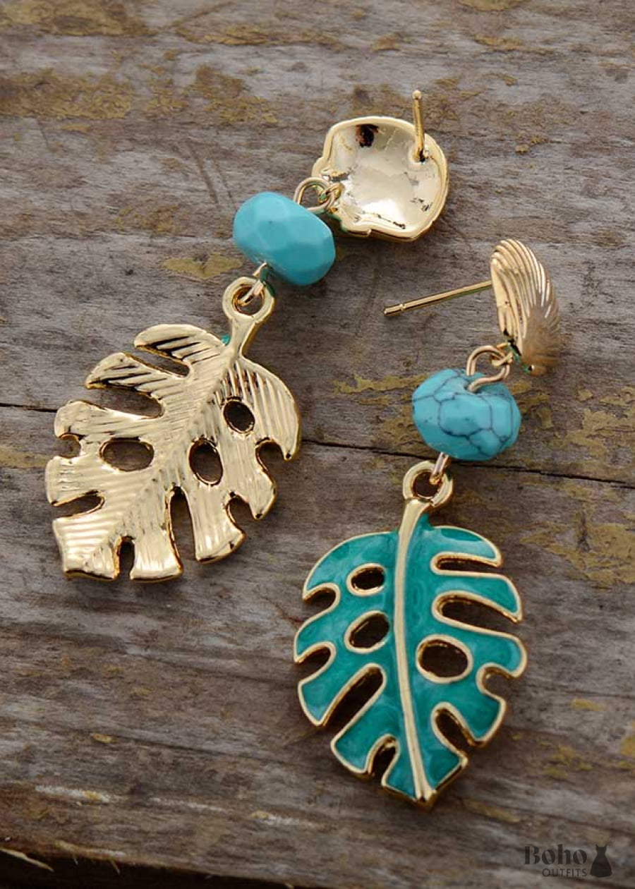 Boho Earrings Dangle Blue Turquoise Leaf - Jewelry