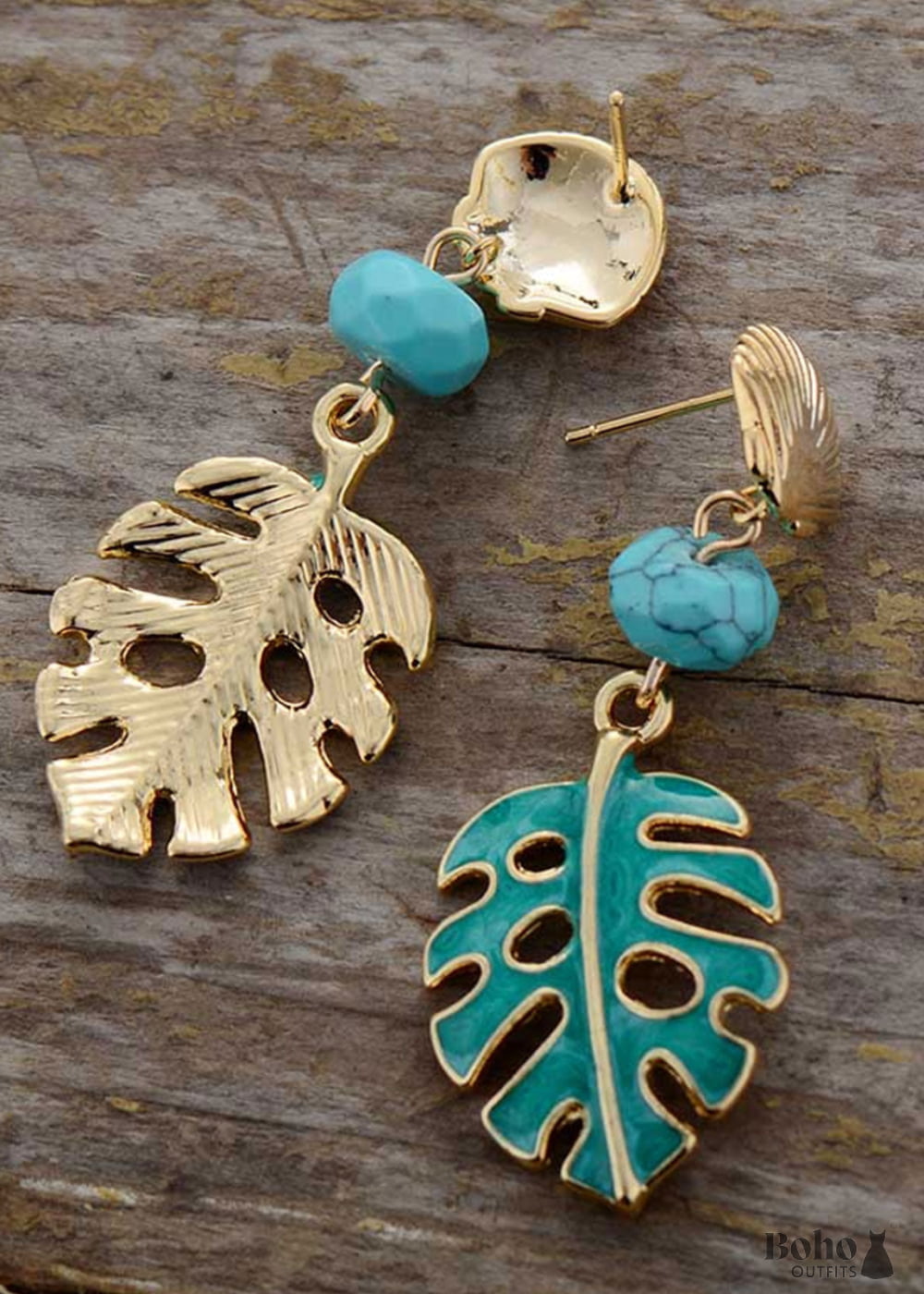 Boho Earrings Dangle Blue Turquoise Leaf - Jewelry