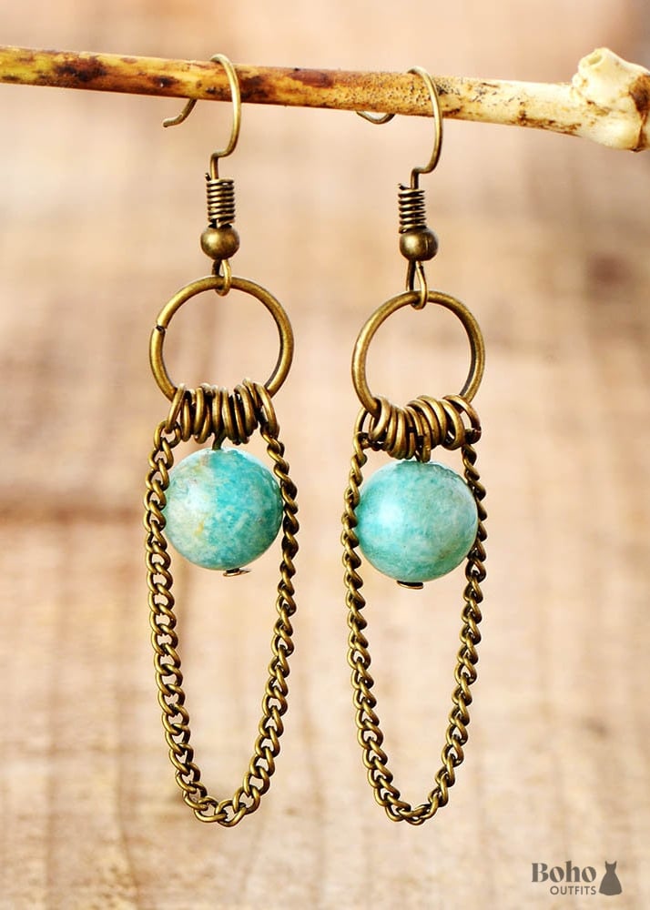 Boho Earrings Dangle Chain Blue Amazonite - Jewelry