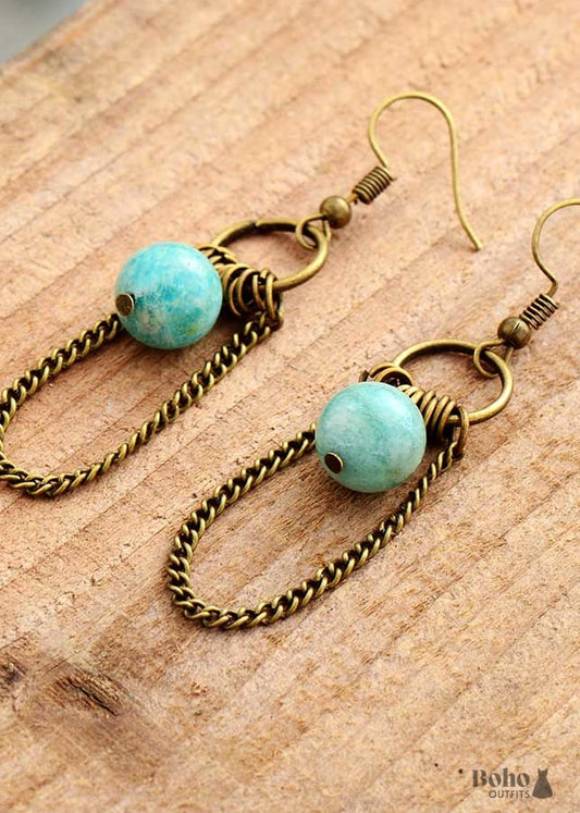 Boho Earrings Dangle Chain Blue Amazonite - Jewelry