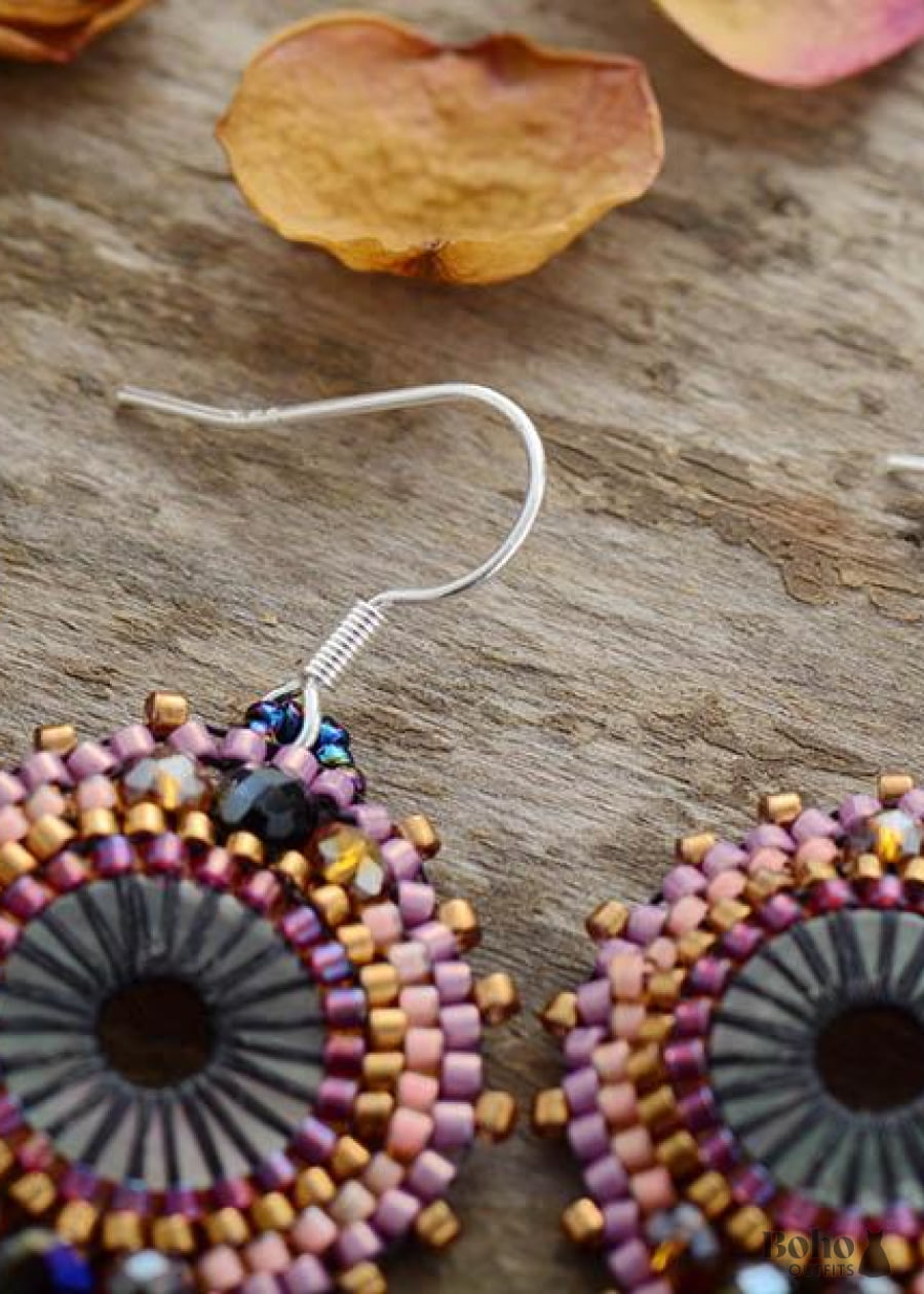 Boho Earrings Dangle Crystal Beads Lava Purple Stone