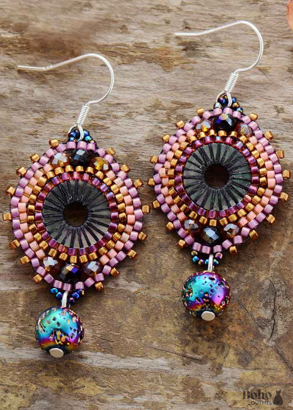 Boho Earrings Dangle Crystal Beads Lava Purple Stone