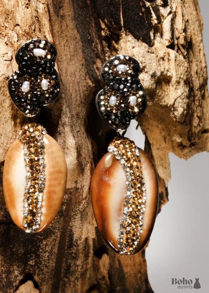 Boho Earrings Dangle Diamond Brown Shell - Jewelry