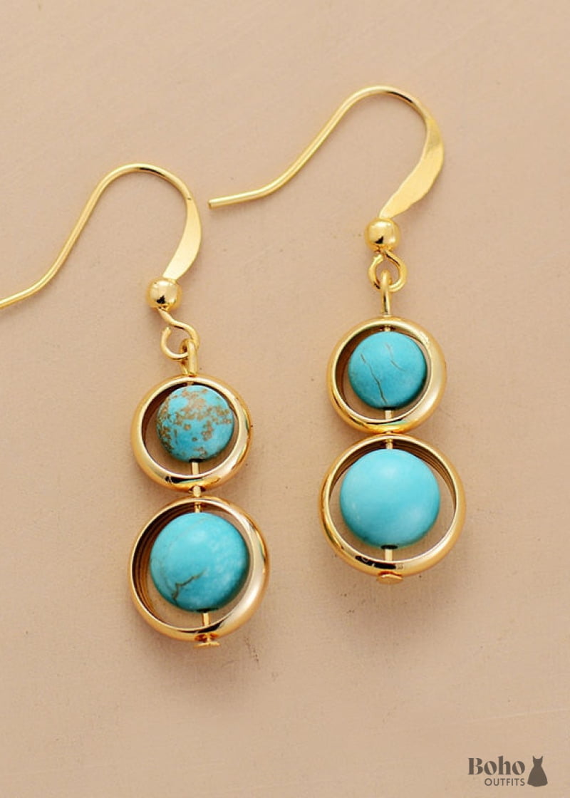 Boho Earrings Dangle Double Blue Turquoise - Jewelry