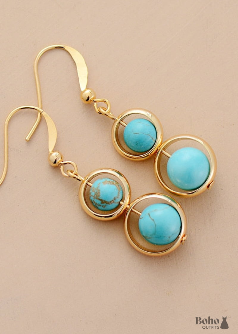 Boho Earrings Dangle Double Blue Turquoise - Jewelry