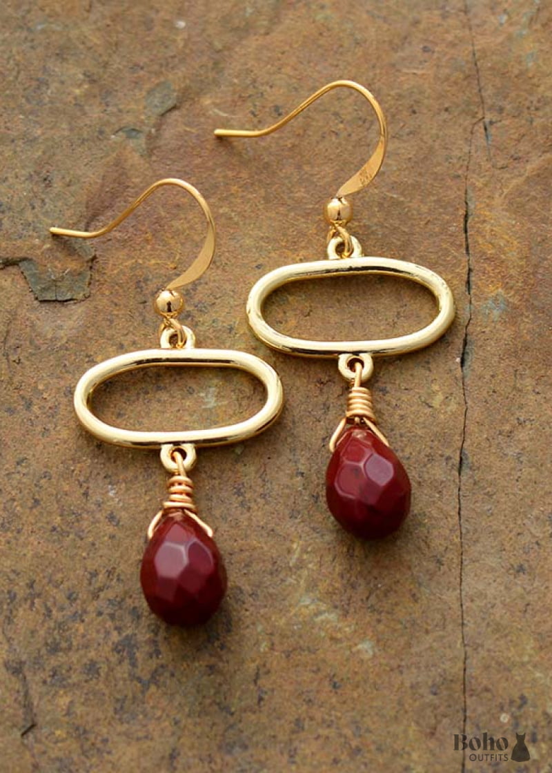 Boho Earrings Dangle Ellipse Red Jaspers - Jewelry