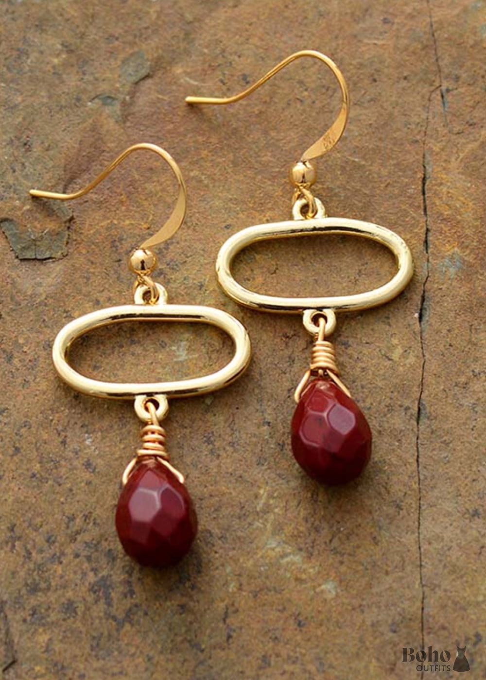 Boho Earrings Dangle Ellipse Red Jaspers - Jewelry