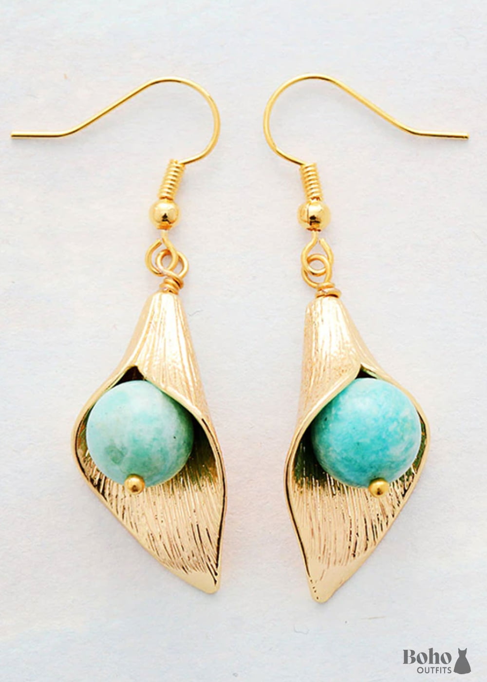 Boho Earrings Dangle Gold Flower Blue Amazonite - Jewelry