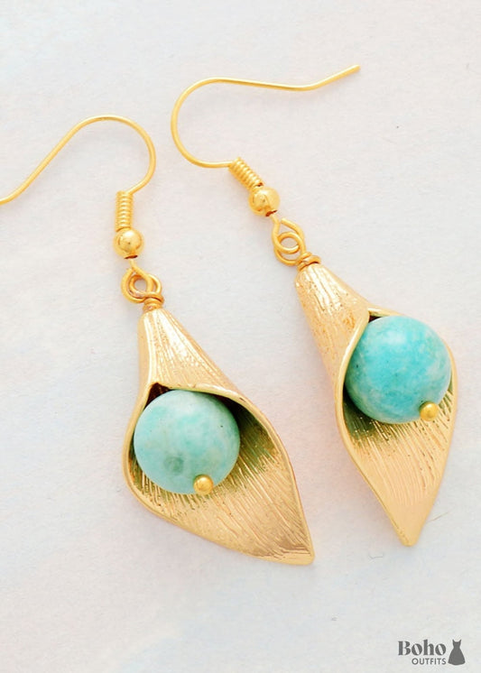 Boho Earrings Dangle Gold Flower Blue Amazonite - Jewelry