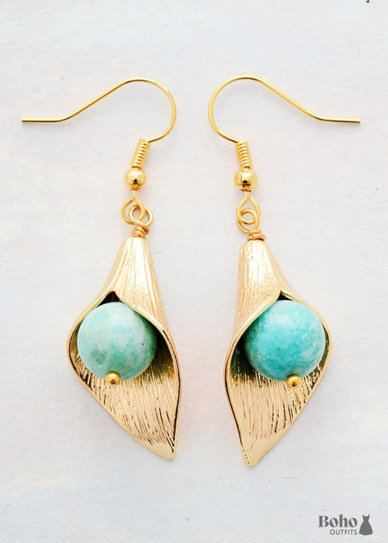 Boho Earrings Dangle Gold Flower Blue Amazonite - Jewelry