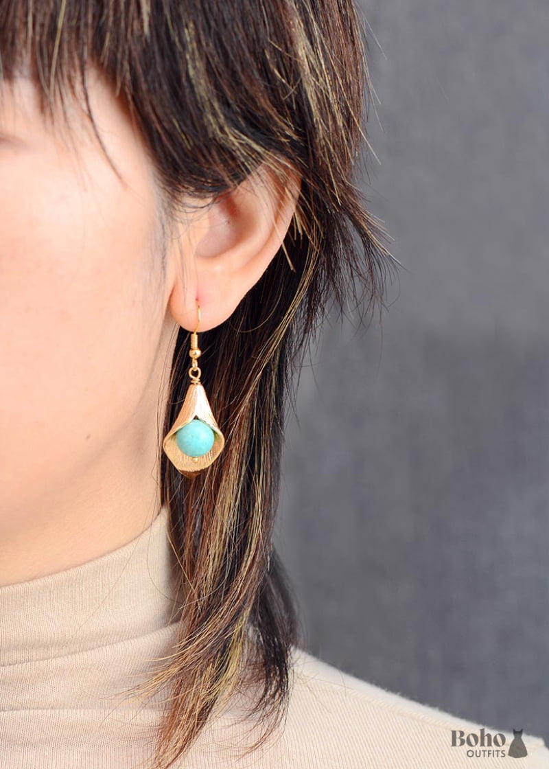 Boho Earrings Dangle Gold Flower Blue Amazonite - Jewelry