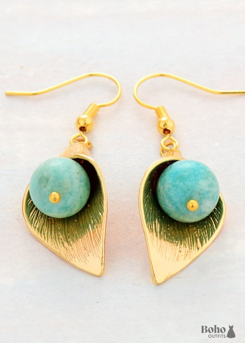 Boho Earrings Dangle Gold Flower Blue Amazonite - Jewelry