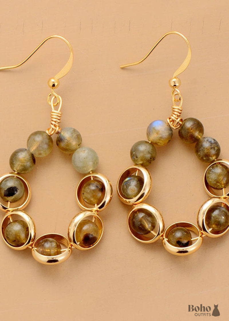 Boho Earrings Dangle Gold Loop Labradorite - Jewelry