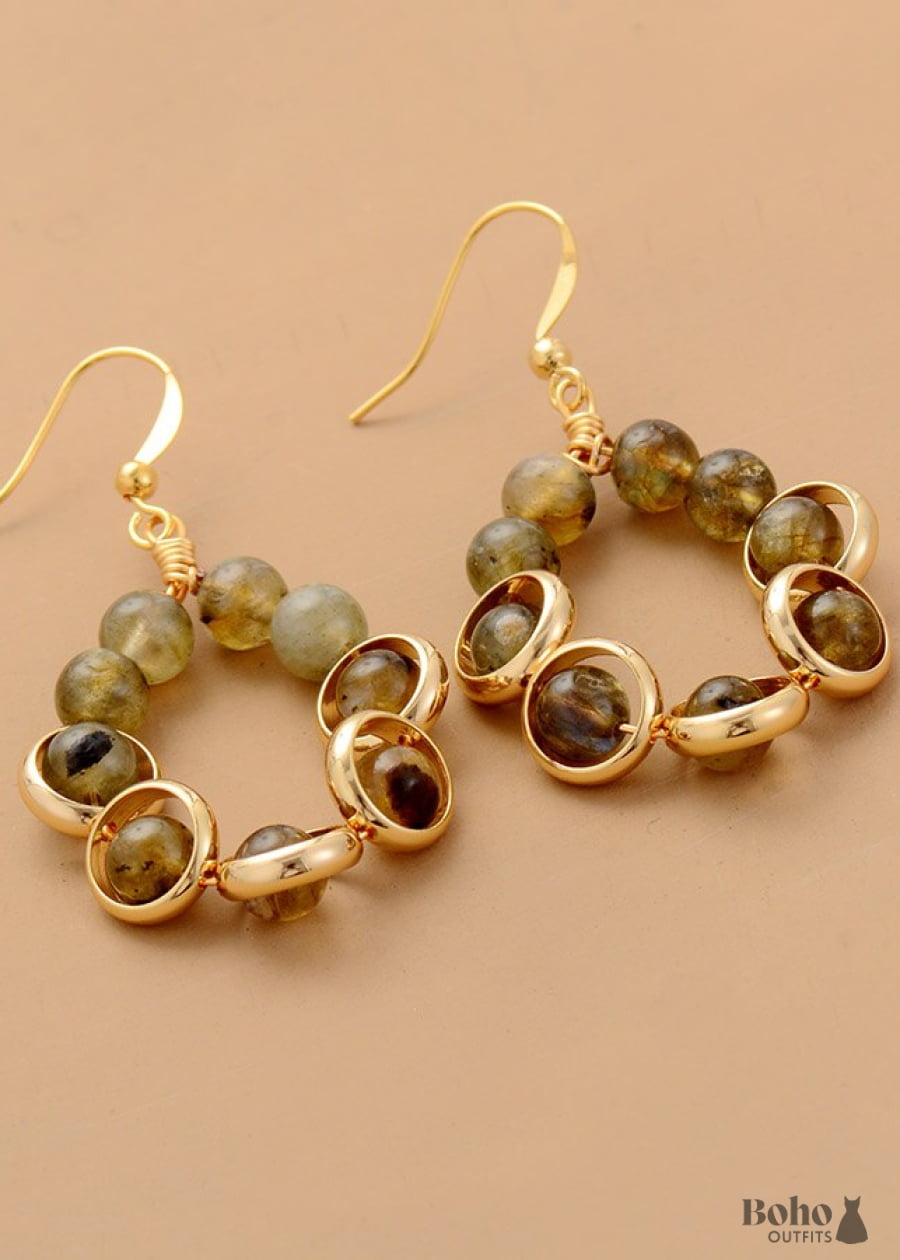 Boho Earrings Dangle Gold Loop Labradorite - Jewelry