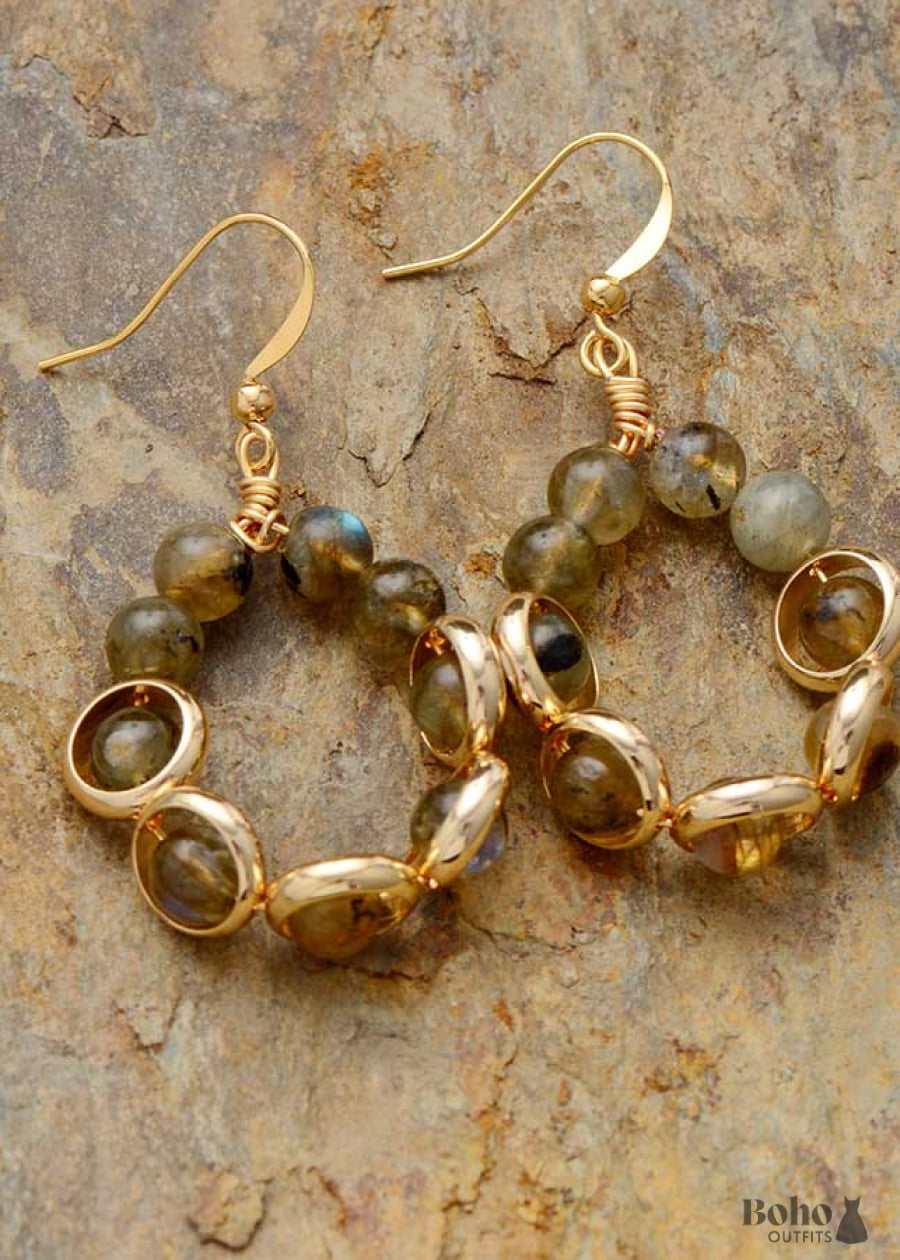 Boho Earrings Dangle Gold Loop Labradorite - Jewelry