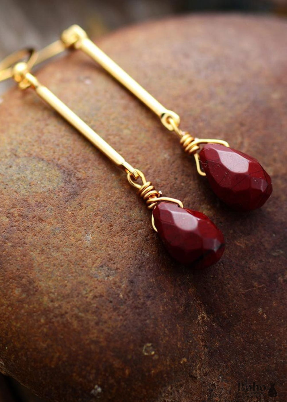 Boho Earrings Dangle Gold Red Jaspers - Jewelry