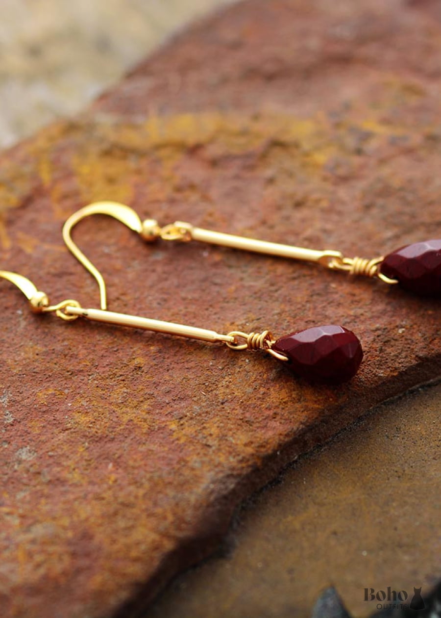 Boho Earrings Dangle Gold Red Jaspers - Jewelry