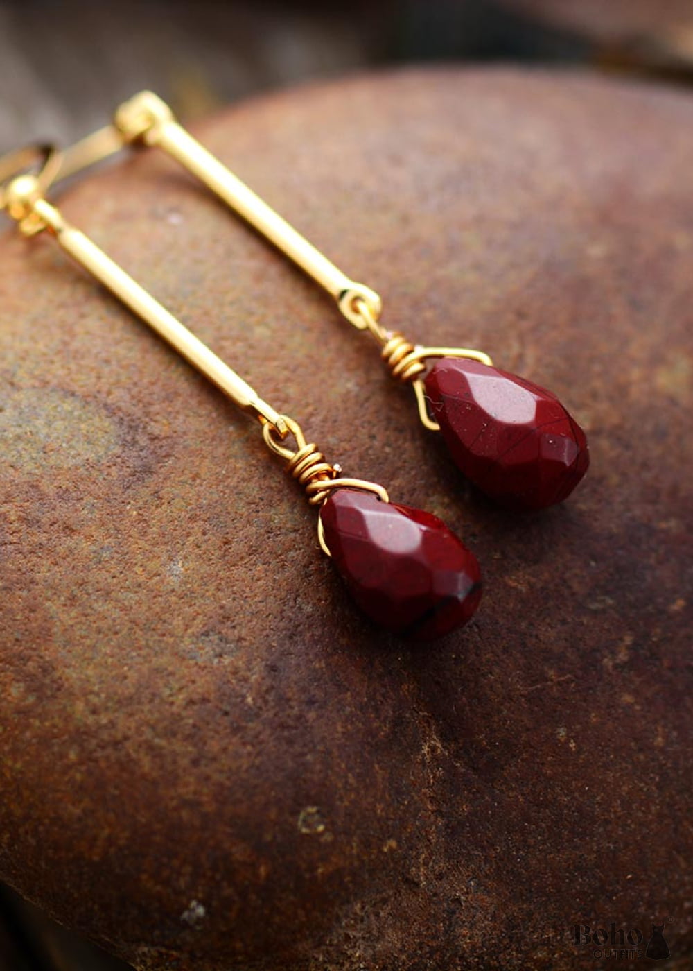 Boho Earrings Dangle Gold Red Jaspers - Jewelry