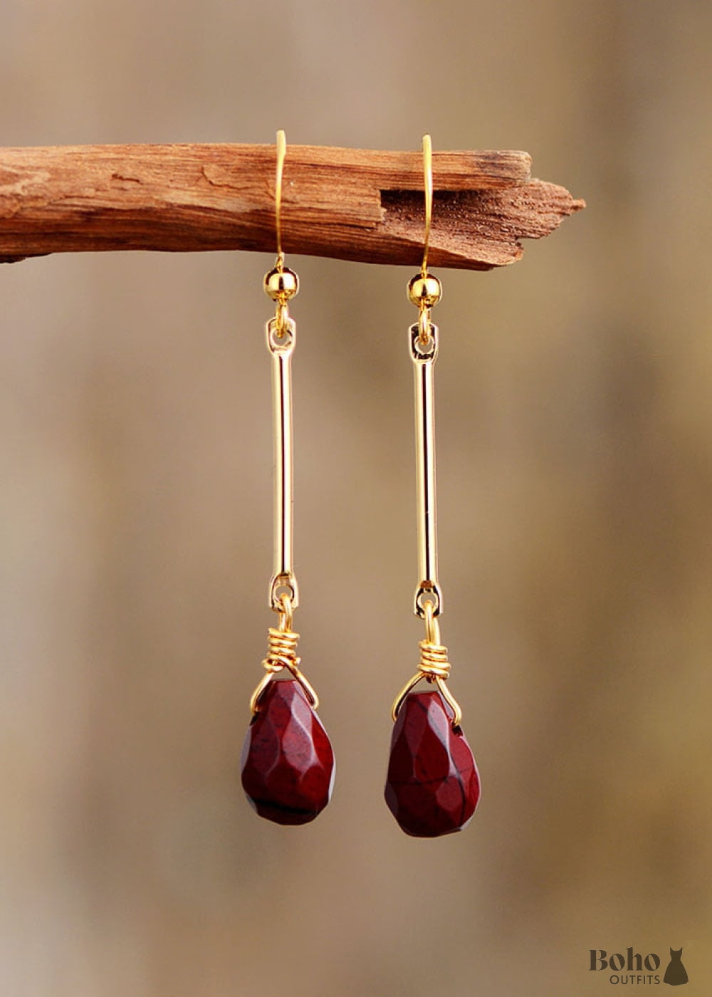 Boho Earrings Dangle Gold Red Jaspers - Jewelry