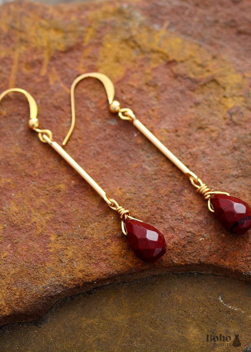 Boho Earrings Dangle Gold Red Jaspers - Jewelry