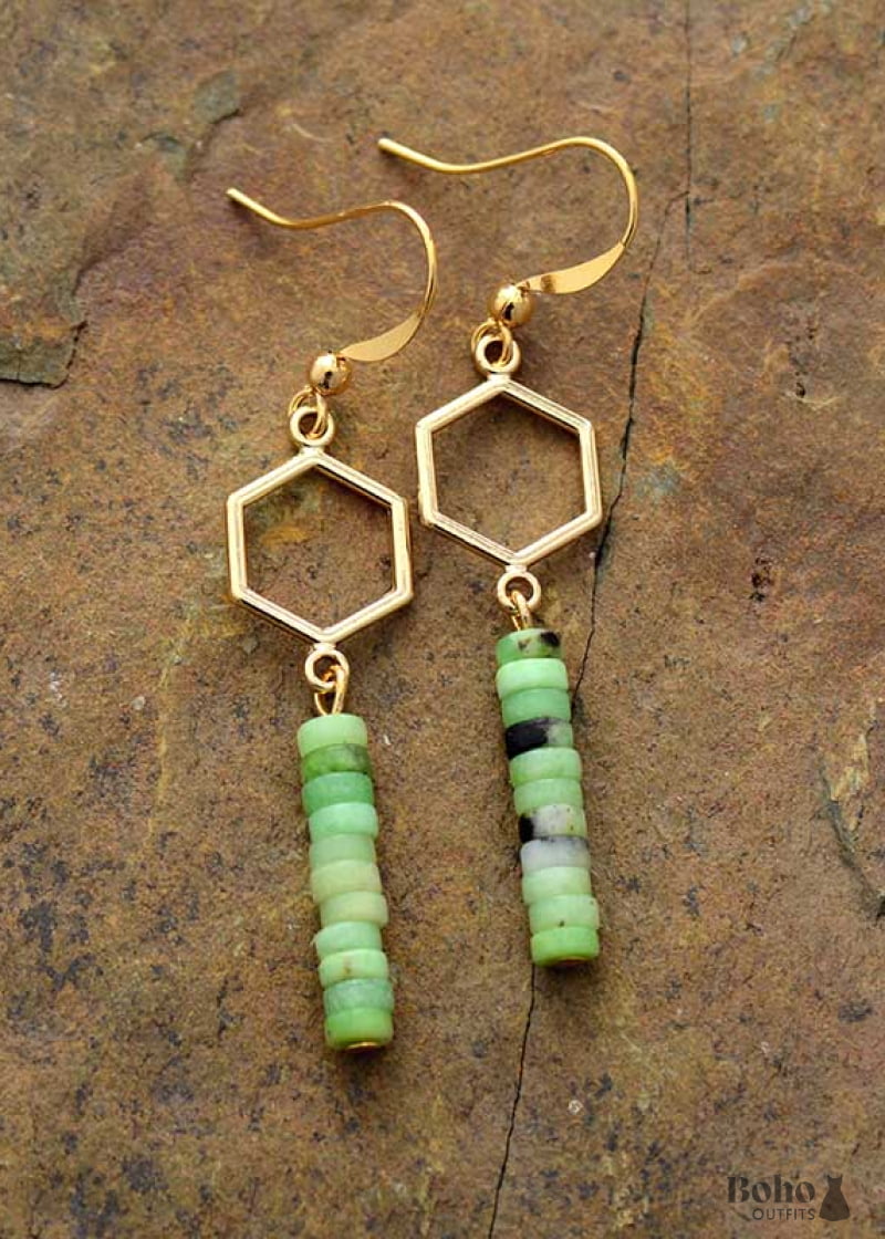 Boho Earrings Dangle Green Jasper - Jewelry