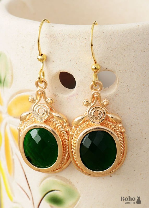 Boho Earrings Dangle Green Rhinestone Gold - Jewelry