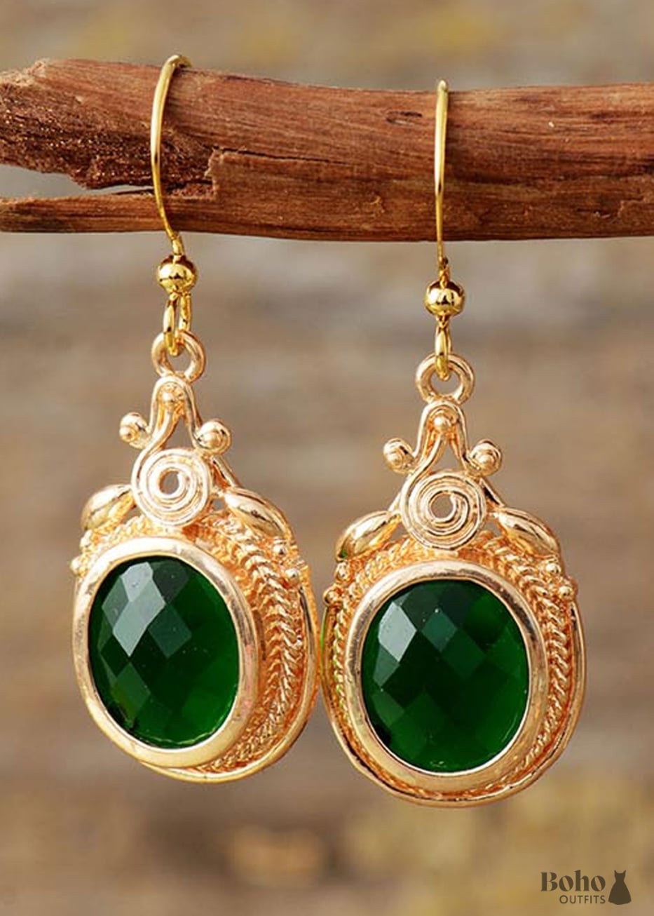 Boho Earrings Dangle Green Rhinestone Gold - Jewelry