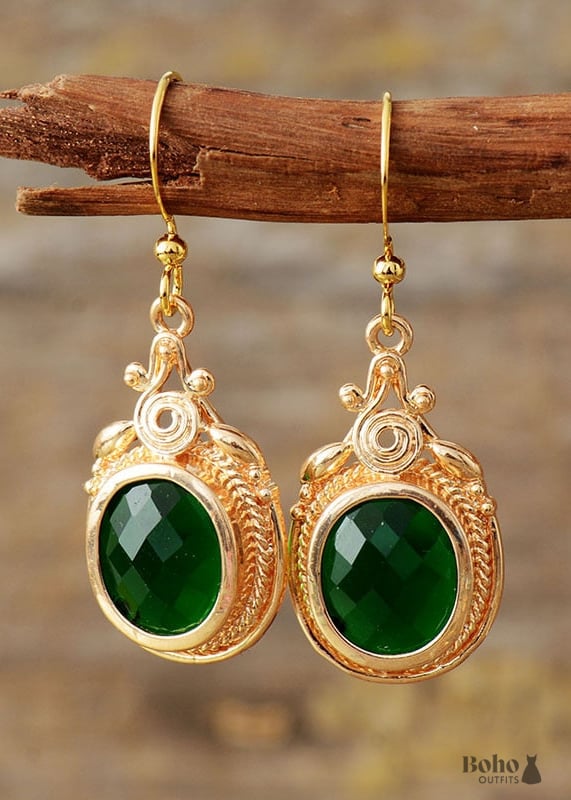 Boho Earrings Dangle Green Rhinestone Gold - Star - Jewelry