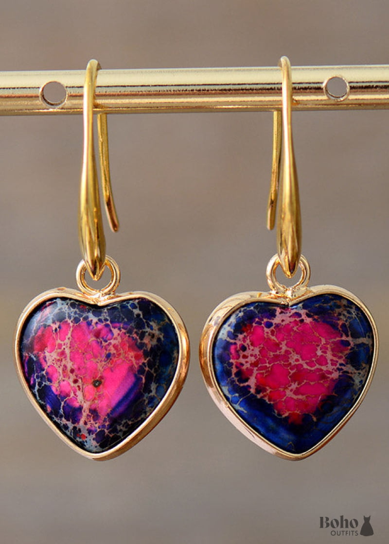 Boho Earrings Dangle Heart Jaspers Earring - 2 Tone Pink