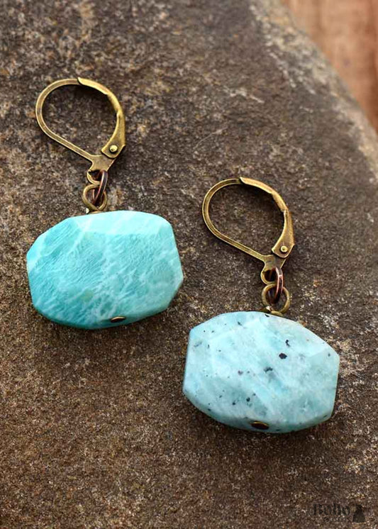 Boho Earrings Dangle Hexagon Blue Amazonite - Jewelry