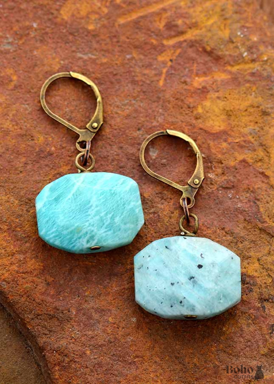 Boho Earrings Dangle Hexagon Blue Amazonite - Jewelry