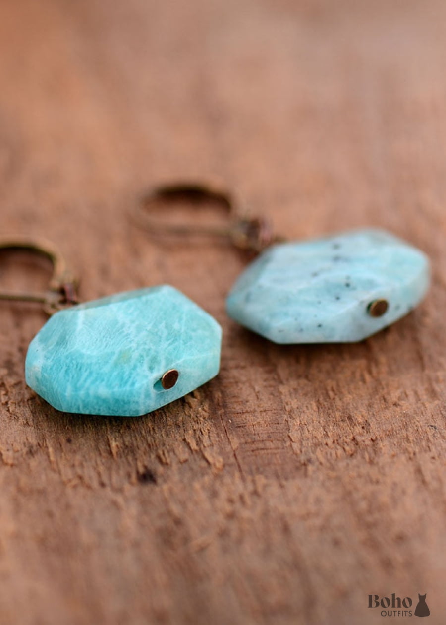 Boho Earrings Dangle Hexagon Blue Amazonite - Jewelry