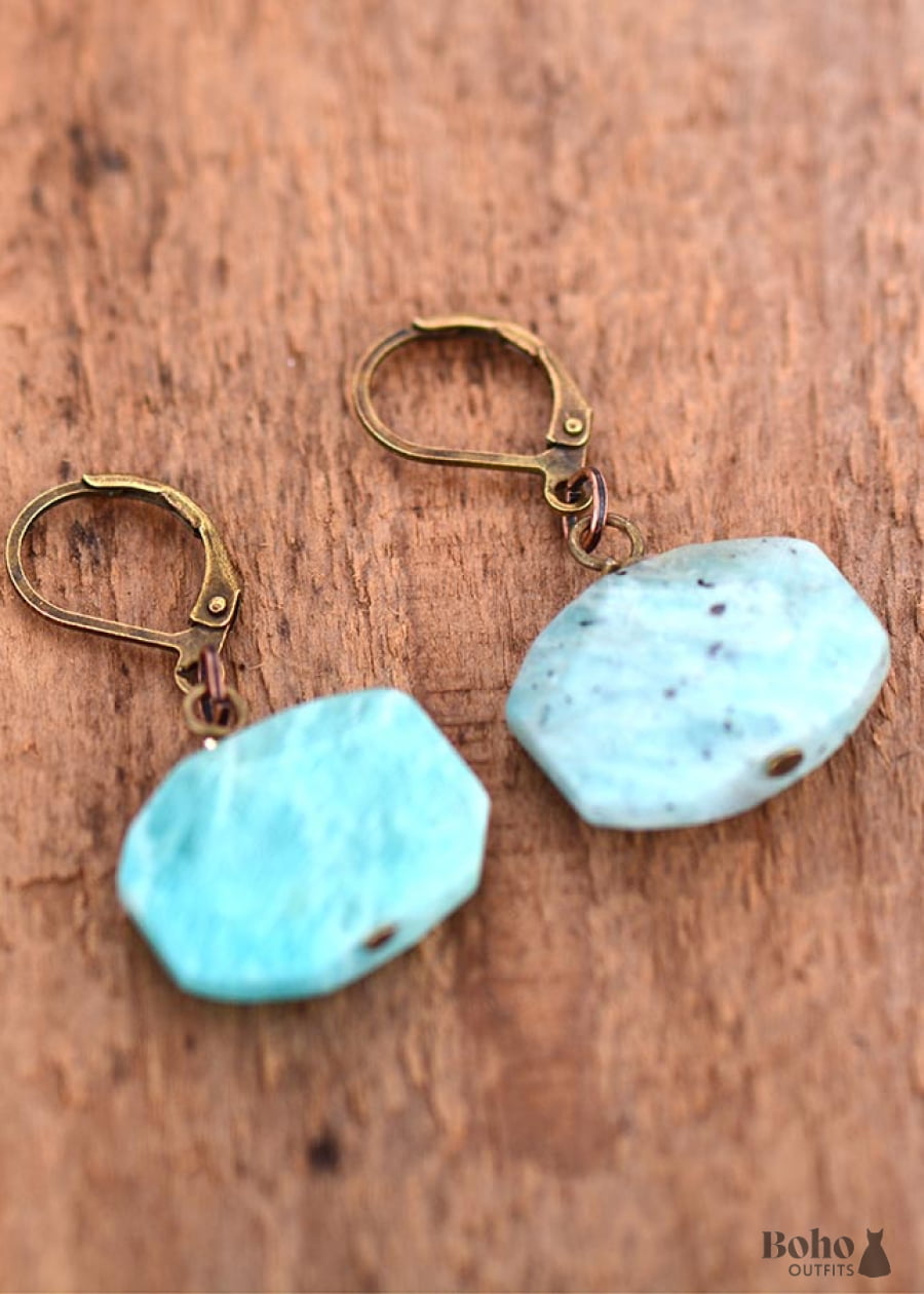 Boho Earrings Dangle Hexagon Blue Amazonite - Jewelry