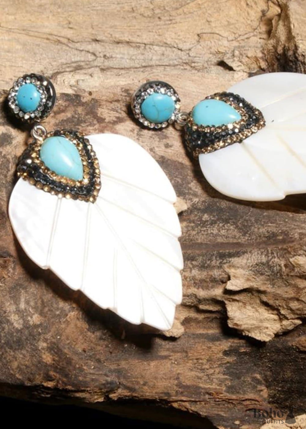 Boho Earrings Dangle Leaf White Shell - Jewelry