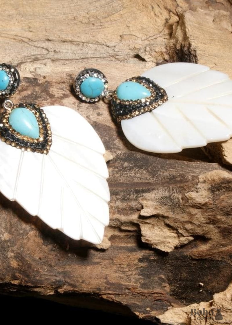 Boho Earrings Dangle Leaf White Shell - Jewelry