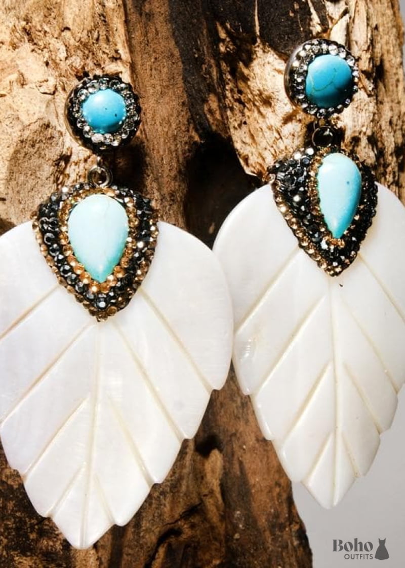 Boho Earrings Dangle Leaf White Shell - Jewelry