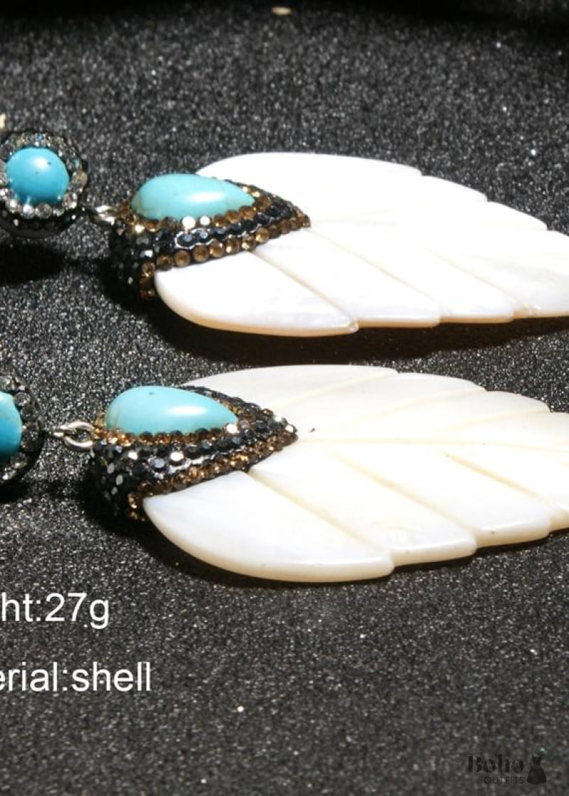 Boho Earrings Dangle Leaf White Shell - Jewelry