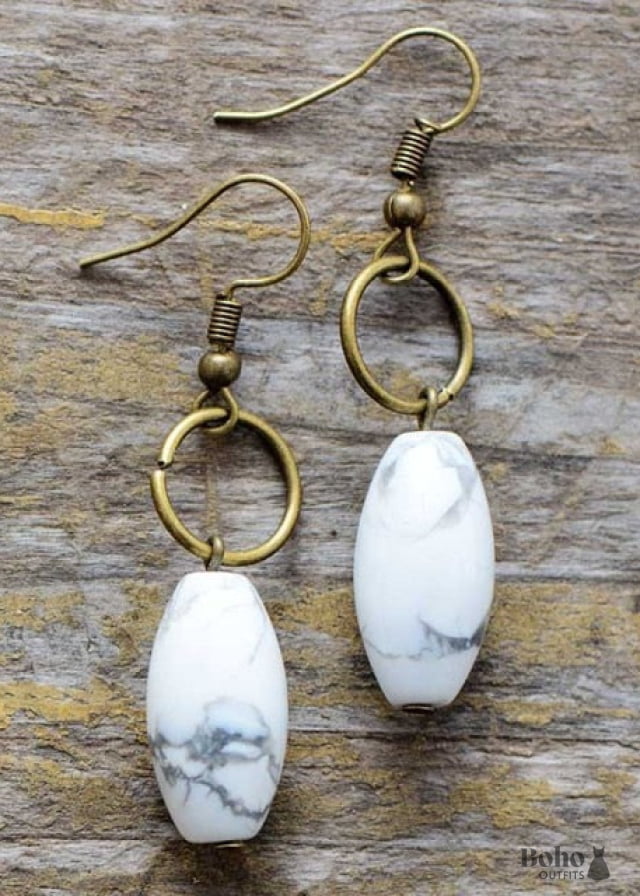 Boho Earrings Dangle Loop White Brown Jasper - Howlite