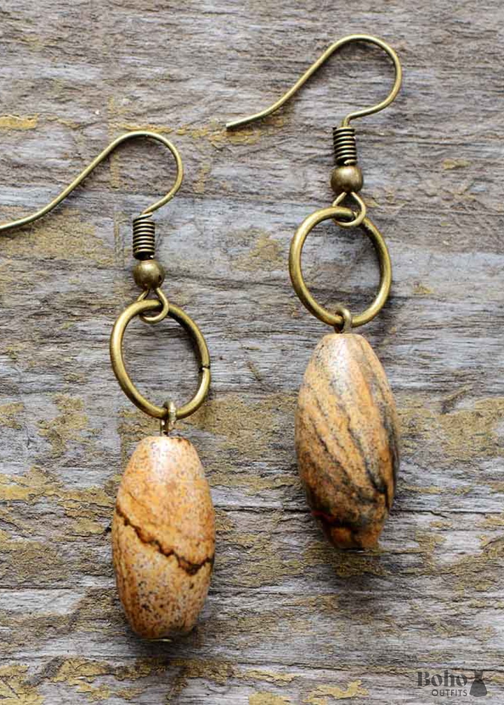 Boho Earrings Dangle Loop White Brown Jasper - Jewelry