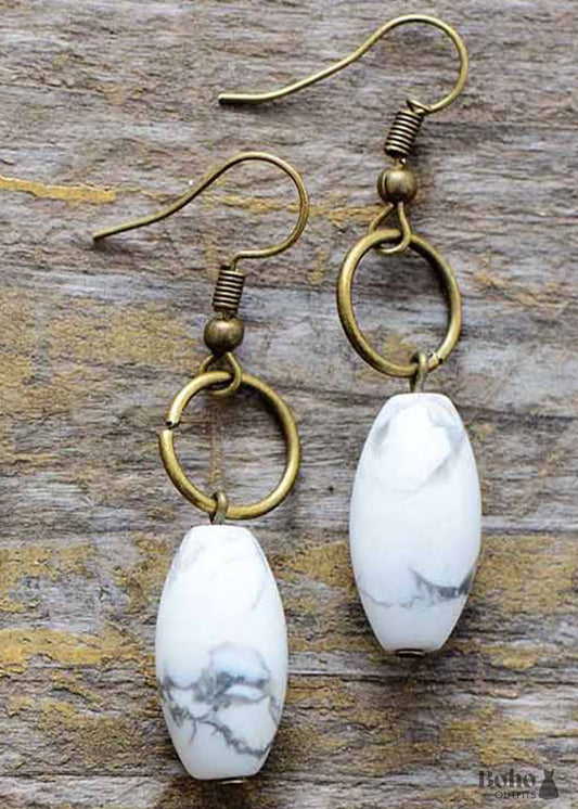 Boho Earrings Dangle Loop White Brown Jasper - Jewelry