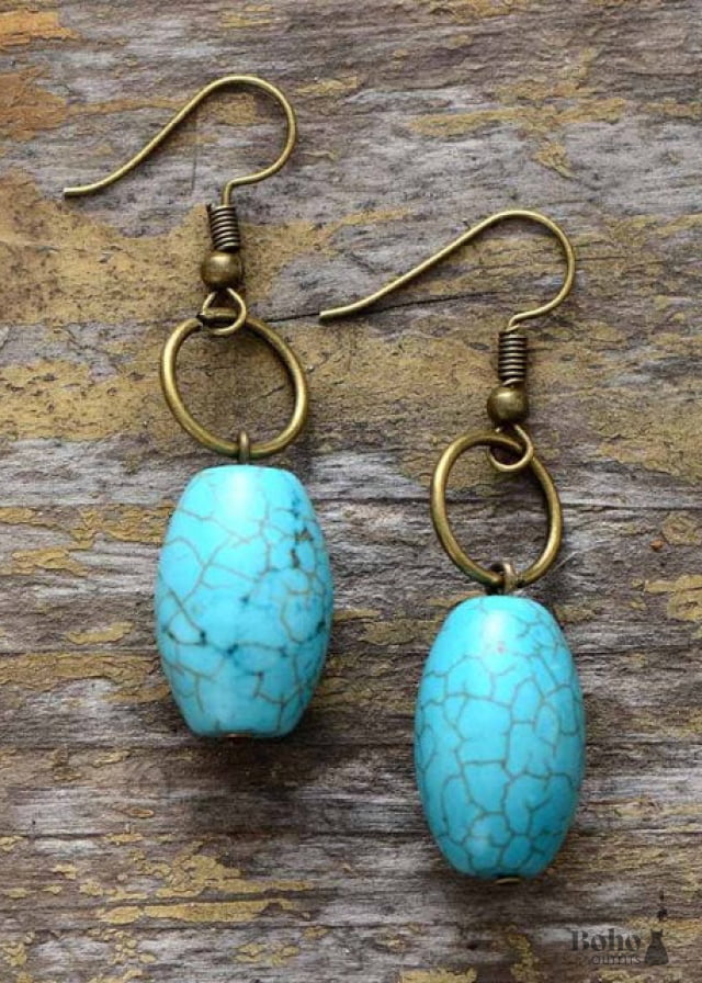 Boho Earrings Dangle Loop White Brown Jasper - Turquoise