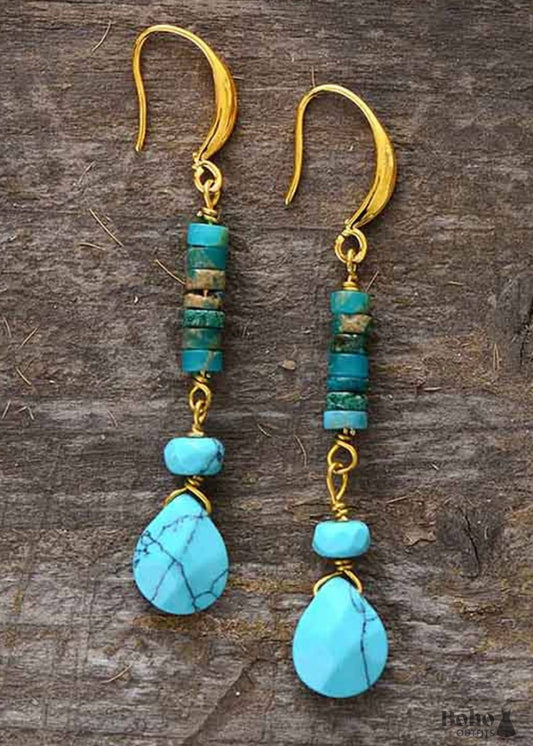 Boho Earrings Dangle Natural Blue and Pink Stones - Jewelry